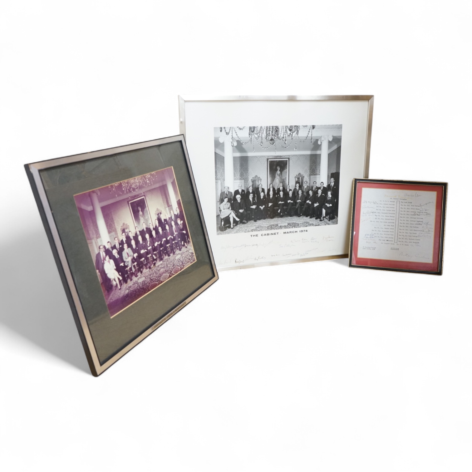 The Cabinet, March 1974, black and white photograph, signed by all The Sitters, (Harold Wilson’s government), seating plan and other photograph 45 x 52cm, and 1976 signed seating